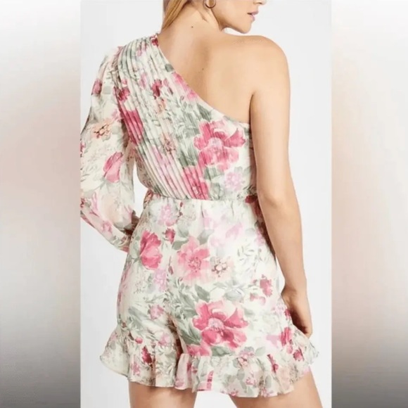 Express Metallic Floral One Shoulder Pleated Faux Wrap Front Romper Large - Picture 13 of 13